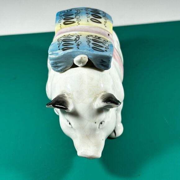 ANTIQUE PORCELAIN FIGURAL SADDLED PIG HOG CONDIMENT MUSTARD POT BANK BOX - Picture 4 of 8